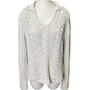 WinterSilks Sweater‎ Womens PL Cream Silk Cotton Cable Knit Bobble V-Neck Collar